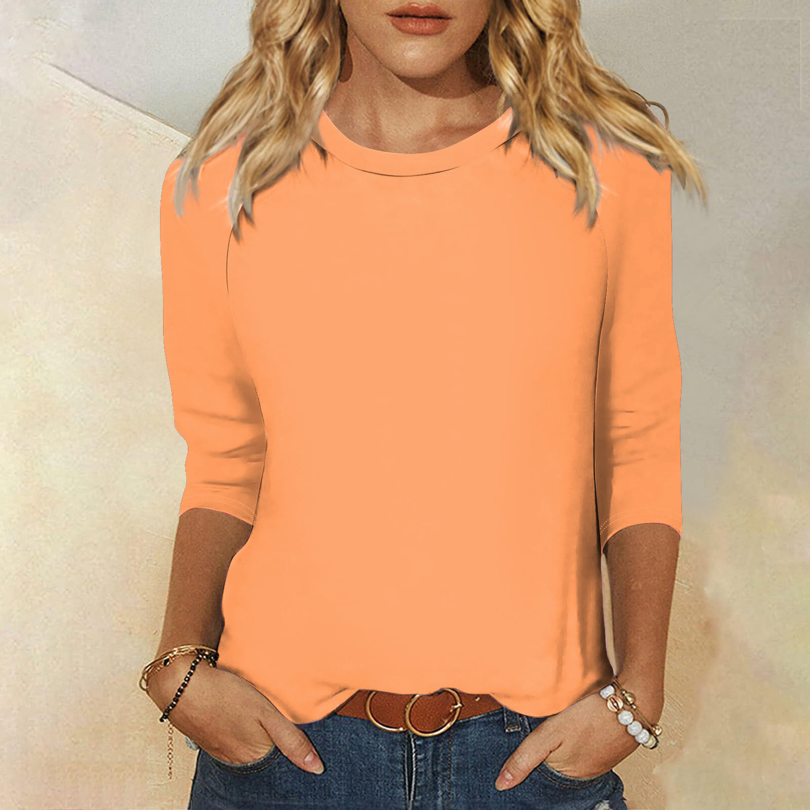thumbnail image 2 of Camisa raglán informal de manga 3/4 para mujer, cuello redondo, poliéster, color liso, estilo informal y moderno, tallas S-XXL, 2 of 5